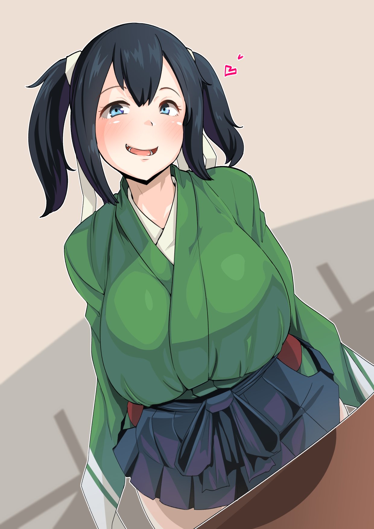 1girl black_hair blue_eyes blush breasts commentary_request fang green_topwear hair_ribbon hakama_skirt heart highres huge_breasts japanese_clothes kantai_collection looking_at_viewer muneate open_mouth pleated_skirt ribbon ryuun_(stiil) short_hair skirt smile solo souryuu_(kantai_collection) standing twintails white_ribbon