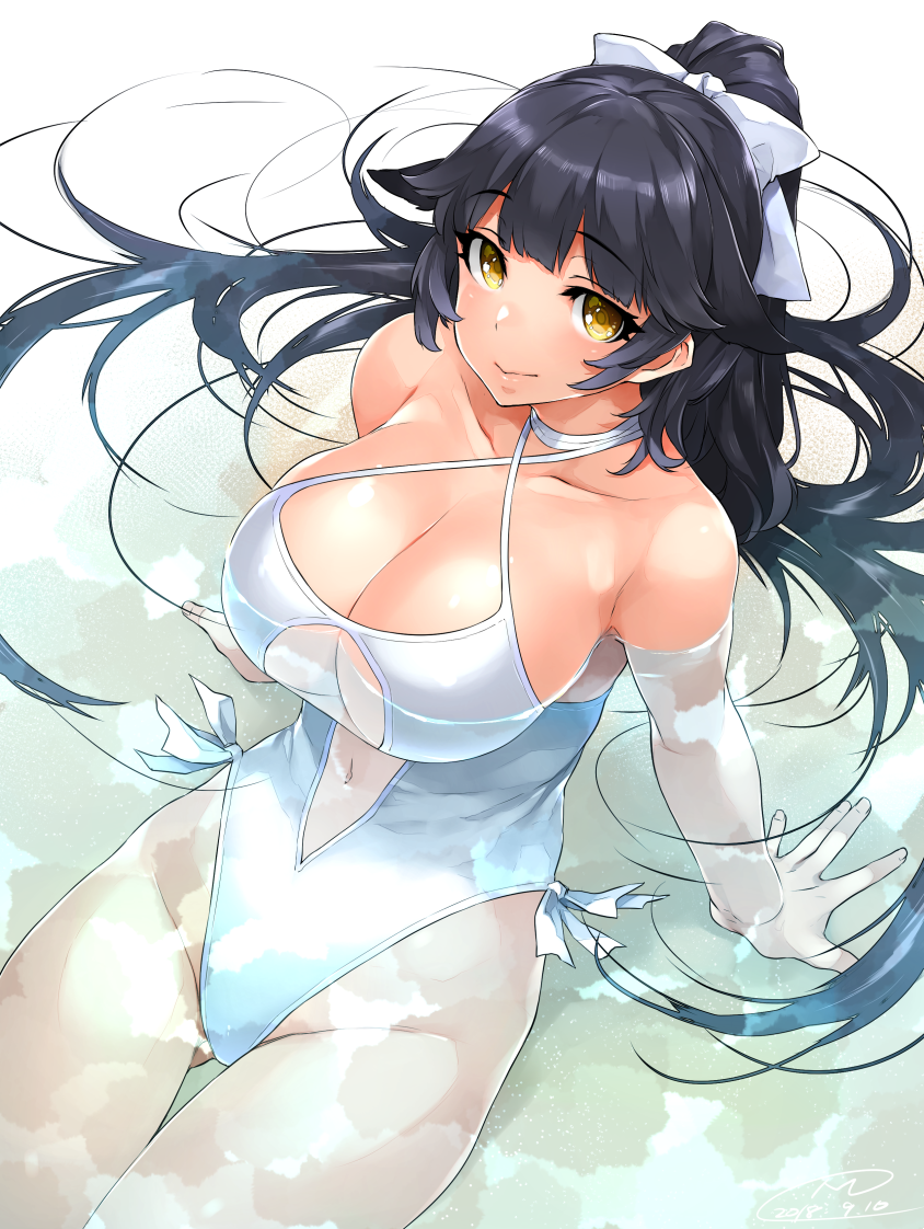 1girl animal_ears arm_support azur_lane bare_shoulders black_hair blush bow breasts casual_one-piece_swimsuit center_opening cleavage collarbone commentary_request cowboy_shot criss-cross_halter curvy dog_ears eyebrows_visible_through_hair groin hair_between_eyes hair_bow hair_ears hair_flaps halterneck happa_(cloverppd) highleg highleg_swimsuit large_breasts light_smile lips looking_at_viewer navel_cutout one-piece_swimsuit pink_lips ponytail ribbon shiny shiny_skin sitting solo swimsuit takao_(azur_lane) thighs white_bow white_ribbon white_swimsuit yellow_eyes