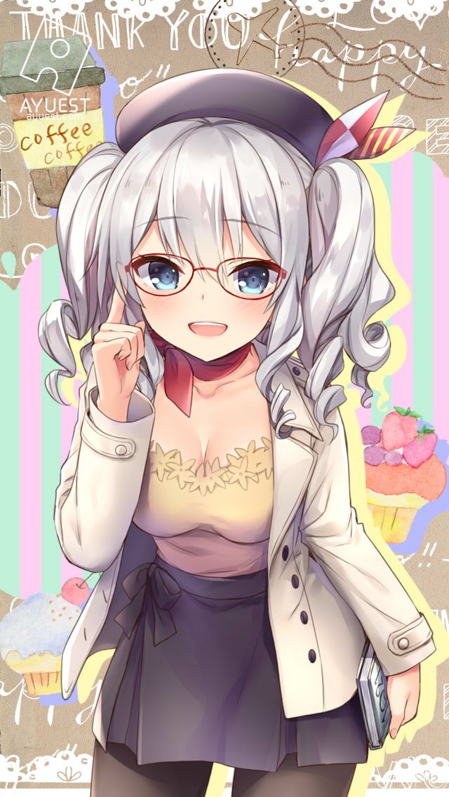 1girl alternate_costume bankoku_ayuya beret bespectacled black_hat black_legwear black_skirt blue_eyes breasts cleavage collarbone commentary_request cowboy_shot frilled_shirt frills glasses hat kantai_collection kashima_(kantai_collection) leaning_forward looking_at_viewer medium_breasts open_mouth pantyhose red-framed_eyewear red_neckwear shirt sidelocks silver_hair skirt smile solo standing tsurime twintails wavy_hair yellow_shirt