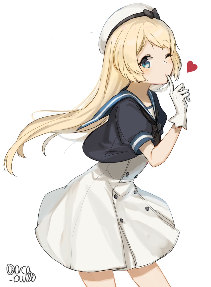 1girl beret blonde_hair blue_eyes blush closed_mouth dress eyebrows_visible_through_hair gloves hat heart jervis_(kantai_collection) kantai_collection long_dress long_hair looking_at_viewer one_eye_closed sailor_collar sailor_hat school_uniform serafuku simple_background solo twitter_username white_background white_gloves yamashiki_(orca_buteo)