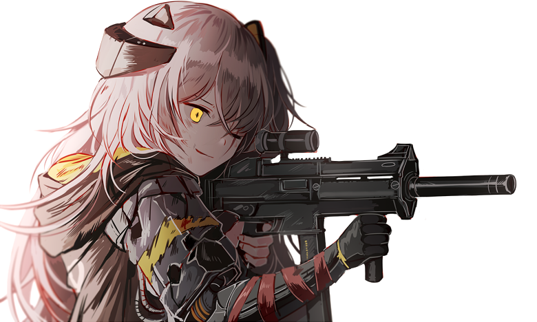 1girl aiming arm_ribbon armband bangs damaged dirty foregrip girls_frontline gloves grey_hair gun h&amp;k_ump h&amp;k_ump45 hair_between_eyes hair_ornament headgear heckler_&amp;_koch holding holding_gun holding_weapon hood hood_down hooded_jacket jacket long_hair mod3_(girls_frontline) one-eyed one_side_up prosthesis prosthetic_arm red_ribbon ribbon scar scar_across_eye silence_girl simple_background smile submachine_gun torn_clothes ump45_(girls_frontline) weapon white_background yellow_eyes