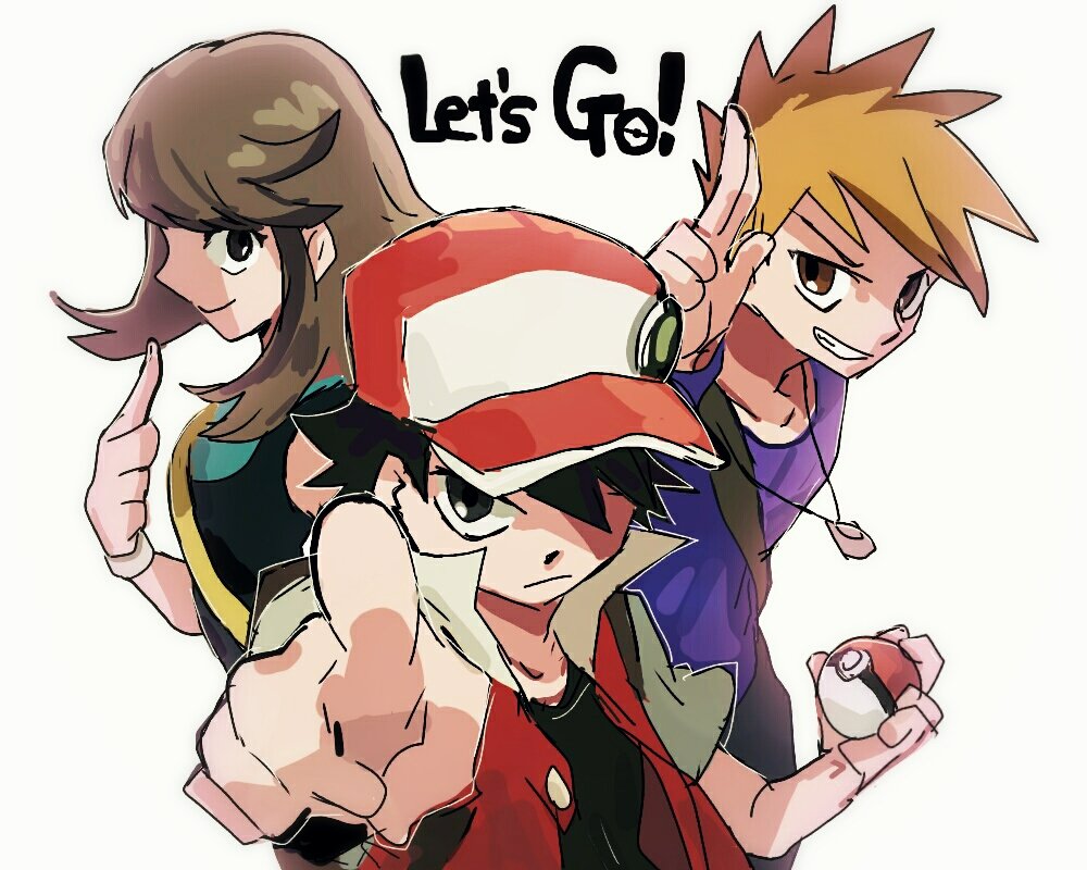 1girl 2boys badge baseball_cap black_hair blue_(pokemon) brown_eyes brown_hair creatures_(company) game_freak grin hat jewelry long_hair looking_at_viewer multiple_boys necklace nintendo ookido_green pointing pointing_at_viewer poke_ball poke_ball_(generic) pokemon pokemon_(game) pokemon_lgpe red_(pokemon) red_(pokemon_rgby) salute sidelocks smile spiky_hair tofu_(tttto_f) two-finger_salute upper_body