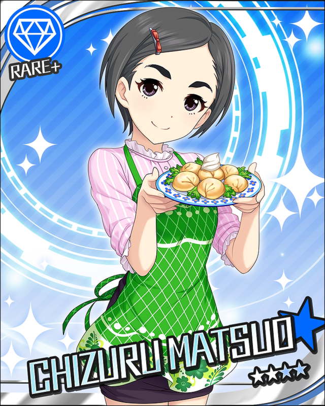 black_eyes black_hair blush character_name dress food idolmaster idolmaster_cinderella_girls matsuo_chizuru short_hair stars