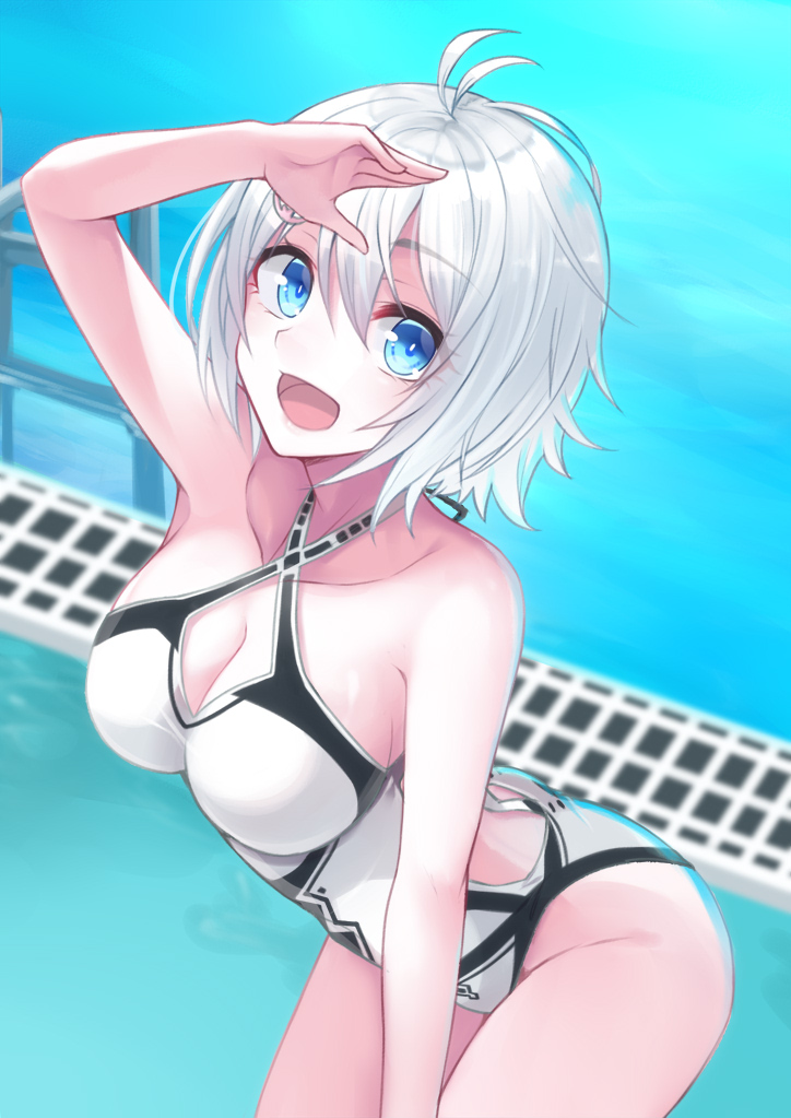 1girl antenna_hair arm_up blue_eyes blush breasts cleavage collarbone dennou_shoujo_youtuber_shiro eyebrows_visible_through_hair large_breasts leaning_forward looking_at_viewer open_mouth shiro_(dennou_shoujo_youtuber_shiro) short_hair smile solo swimsuit tenneko_yuuri white_hair