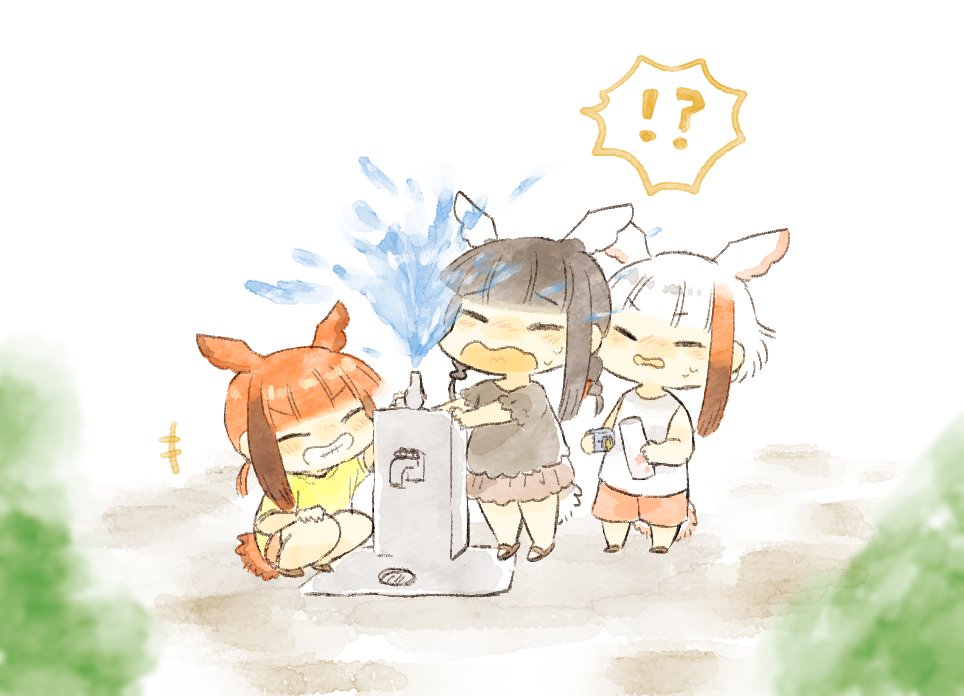 !? +++ 3girls alternate_costume bangs bird_tail bird_wings black-headed_ibis_(kemono_friends) black_hair blush braid casual commentary_request drinking_fountain eyebrows_visible_through_hair grin head_wings japanese_crested_ibis_(kemono_friends) kemono_friends moeki_(moeki0329) multicolored_hair multiple_girls nose_blush puffy_sleeves redhead sandals scarlet_ibis_(kemono_friends) shirt short_hair short_sleeves sidelocks smile spoken_interrobang t-shirt tank_top twin_braids twintails water white_hair wings younger