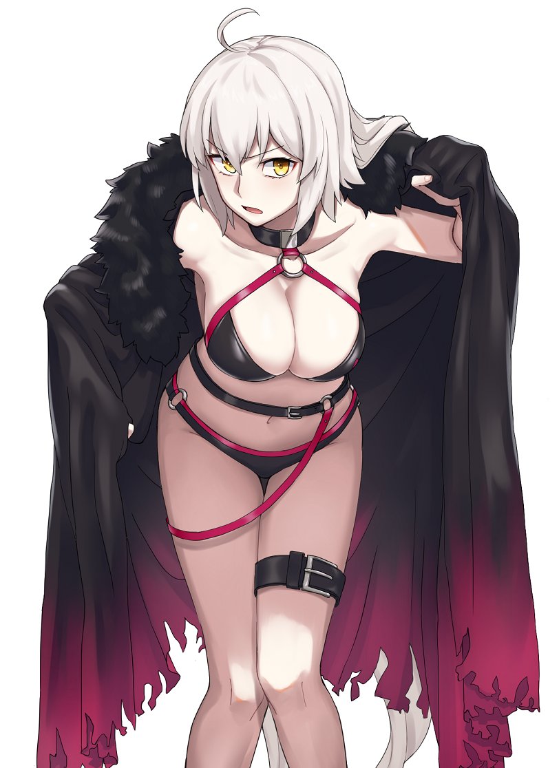 1girl ahoge bikini black_bikini black_cape black_choker breasts cape choker cleavage collarbone commentary_request eyebrows_visible_through_hair fate/grand_order fate_(series) fur_collar hair_between_eyes jeanne_d'arc_(alter_swimsuit_berserker) jeanne_d'arc_(fate)_(all) large_breasts long_hair michihasu o-ring o-ring_bikini o-ring_bottom o-ring_top open_mouth silver_hair simple_background solo swimsuit thigh_strap waist white_background yellow_eyes