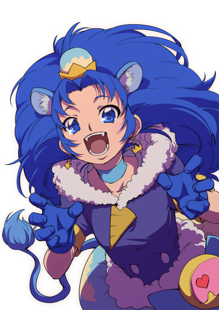 1girl :d animal_ears blue_choker blue_eyes blue_gloves blue_hair choker cure_gelato earrings gloves jewelry kirakira_precure_a_la_mode lion_ears lion_tail long_hair looking_at_viewer magical_girl open_mouth precure simple_background smile solo tail tategami_aoi uyoshi white_background