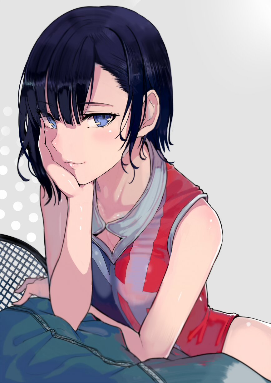 1girl asymmetrical_bangs bag bangs black_hair blue_eyes commentary_request duffel_bag elbow_rest grey_background hand_on_own_cheek hanebado! highres looking_at_viewer polka_dot polka_dot_background racket shiwahime_yuika sleeveless smile solo sportswear tennis_racket tennis_uniform upper_body walzrj