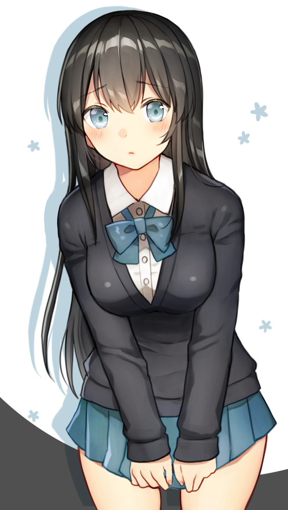 1girl bangs black_hair black_sweater blue_eyes blue_neckwear blue_skirt blush bow bowtie closed_mouth collared_shirt commentary_request cowboy_shot dress_shirt eyebrows_visible_through_hair fingernails grey_background hair_between_eyes kurata_rine leaning_to_the_side long_hair long_sleeves looking_at_viewer original pleated_skirt school_uniform shirt skirt sleeves_past_wrists solo sweater two-tone_background very_long_hair white_background white_shirt