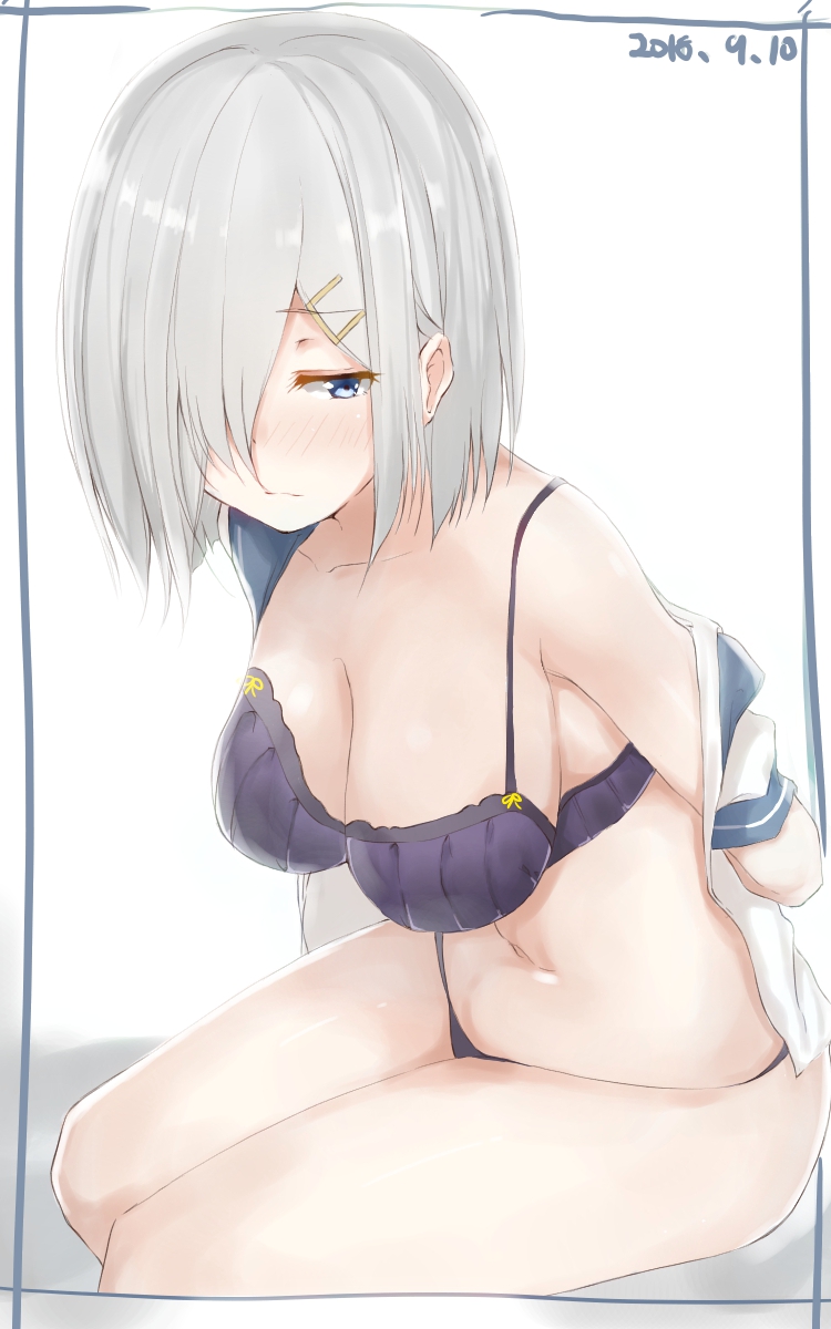 1girl blue_eyes blush bra breasts closed_mouth eyebrows_visible_through_hair grey_hair hair_ornament hairclip hamakaze_(kantai_collection) highres kantai_collection large_breasts looking_at_viewer panties parusu_(ehyfhugj) purple_bra purple_panties short_hair solo underwear