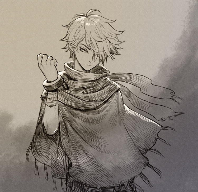 1boy bracelet cape gloves hair_over_one_eye jewelry looking_at_viewer male_focus monochrome octopath_traveler scarf short_hair simple_background solo therion_(octopath_traveler) uboar white_hair