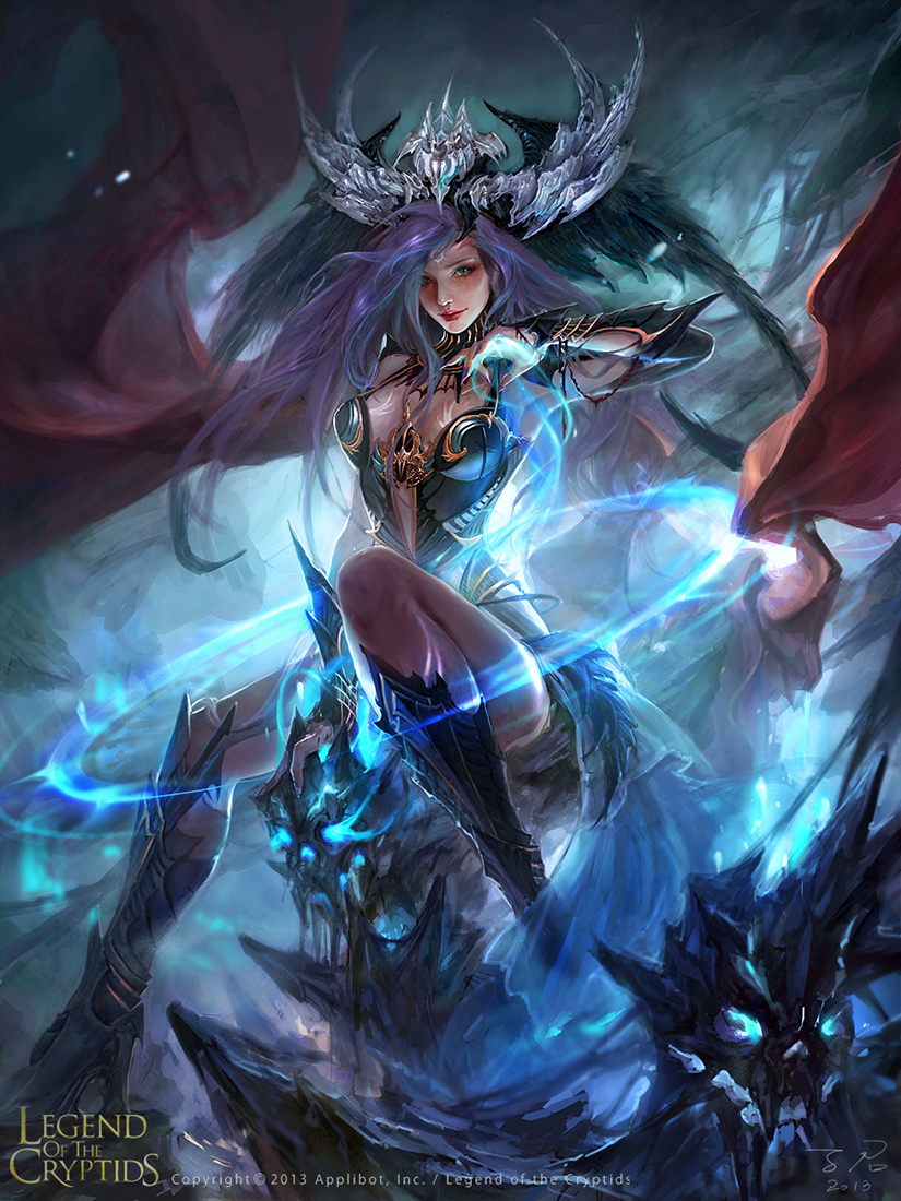 1girl artist_name blue_eyes bodysuit boots breasts cleavage copyright_name crown dated facial_mark feathered_wings forehead_mark glowing glowing_eyes high_heel_boots high_heels legend_of_the_cryptids long_hair magic magic_circle official_art purple_hair rock sitting solo wings zinnadu