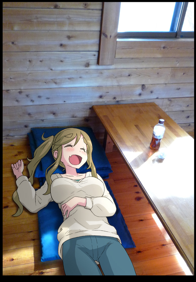 1girl bench black_border border bottle breasts closed_eyes eyebrows_visible_through_hair fang hase_yu inuyama_aoi large_breasts light_brown_hair long_sleeves lying on_back open_mouth photo_background side_ponytail sidelocks smile solo thick_eyebrows window yurucamp