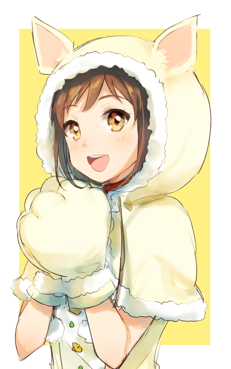 1girl :d animal_hood bang_dream! bangs brown_eyes brown_hair dog_hood fur-trimmed_gloves fur-trimmed_hood fur_trim gloves hands_together hazawa_tsugumi highres hood hood_up komachi_narota looking_at_viewer open_mouth paw_gloves paws pom_pom_(clothes) round_teeth short_hair smile solo teeth upper_body upper_teeth yellow_background