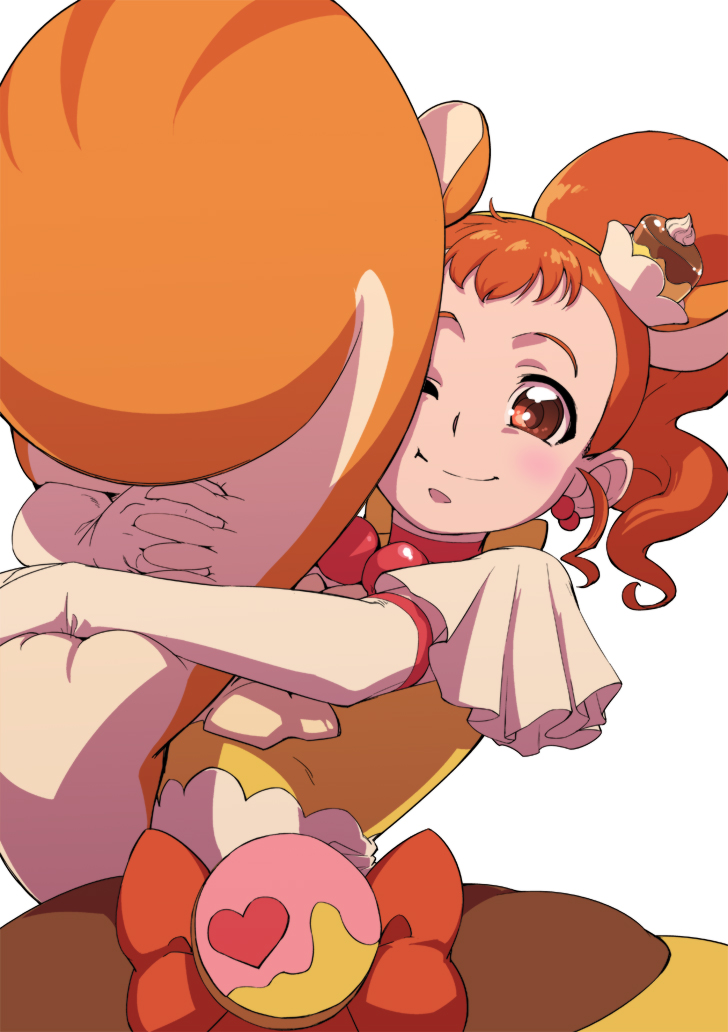 1girl ;) animal_ears arisugawa_himari blush brown_eyes brown_hair cake_hair_ornament choker closed_mouth cure_custard elbow_gloves food_themed_hair_ornament gloves hair_ornament kirakira_precure_a_la_mode looking_at_viewer magical_girl one_eye_closed precure red_choker short_hair simple_background smile solo squirrel_ears squirrel_tail tail uyoshi white_background white_gloves