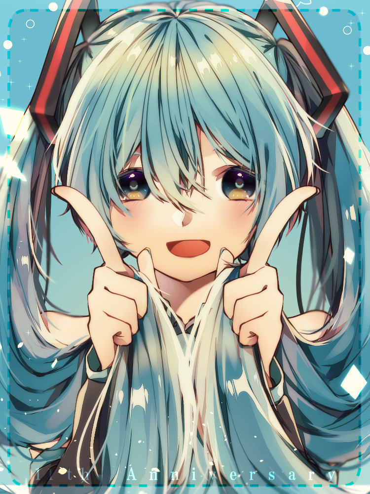 1girl :d birthday black_eyes blue_hair detached_sleeves hair_between_eyes hair_ornament hatsune_miku holding holding_hair index_finger_raised long_hair looking_at_viewer open_mouth shiny shiny_hair smile solo twintails upper_body very_long_hair vocaloid