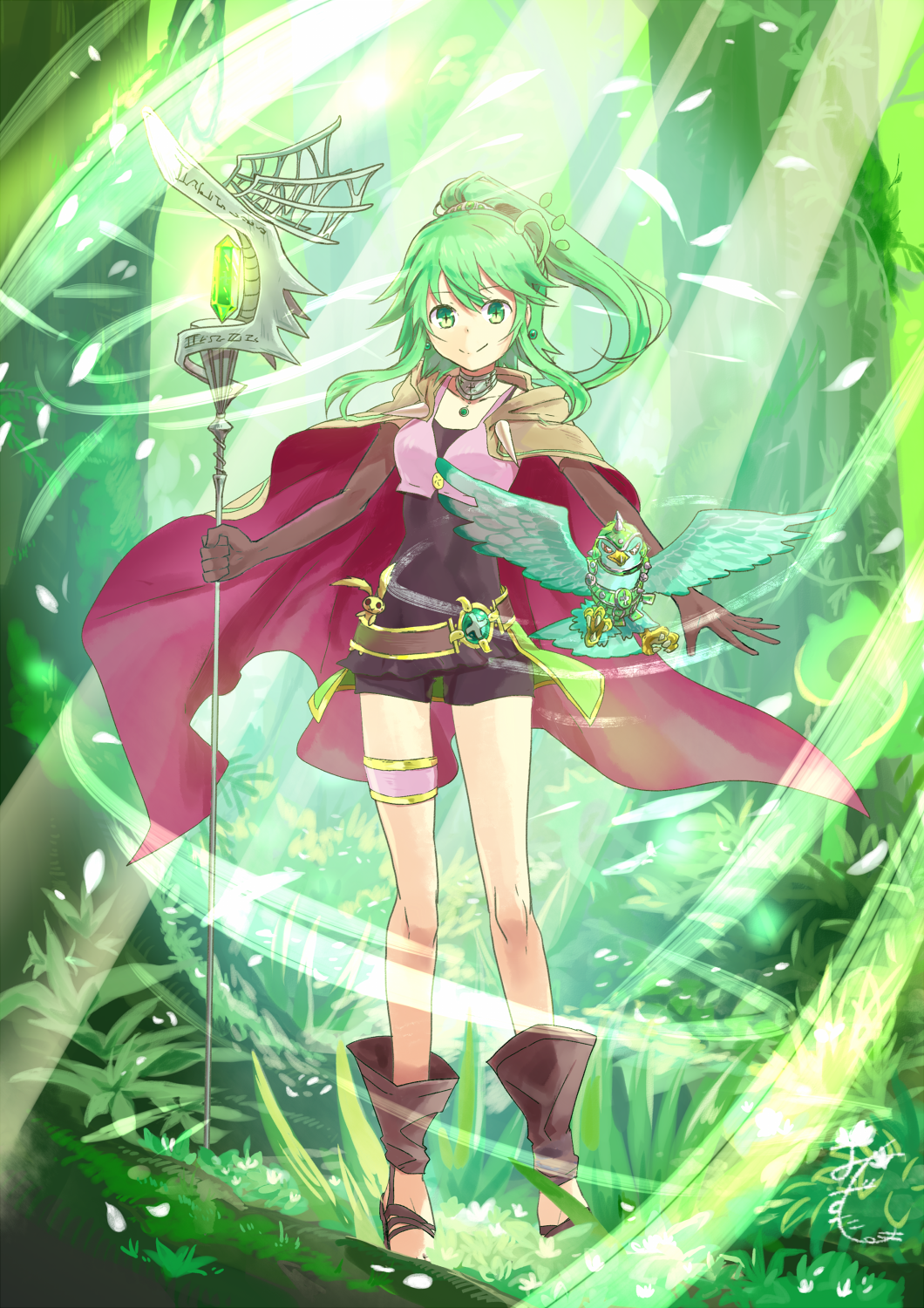 1girl bird black_shirt black_shorts brown_gloves cape choker collarbone day elbow_gloves eyebrows_visible_through_hair floating_hair forest full_body gloves green_eyes green_hair high_ponytail highres holding holding_staff jewelry long_hair looking_at_viewer mizutama_(mizutamalion) nature necklace outstretched_arm shirt short_shorts shorts smile solo staff standing thigh_strap tree winda_priestess_of_gusto yu-gi-oh!