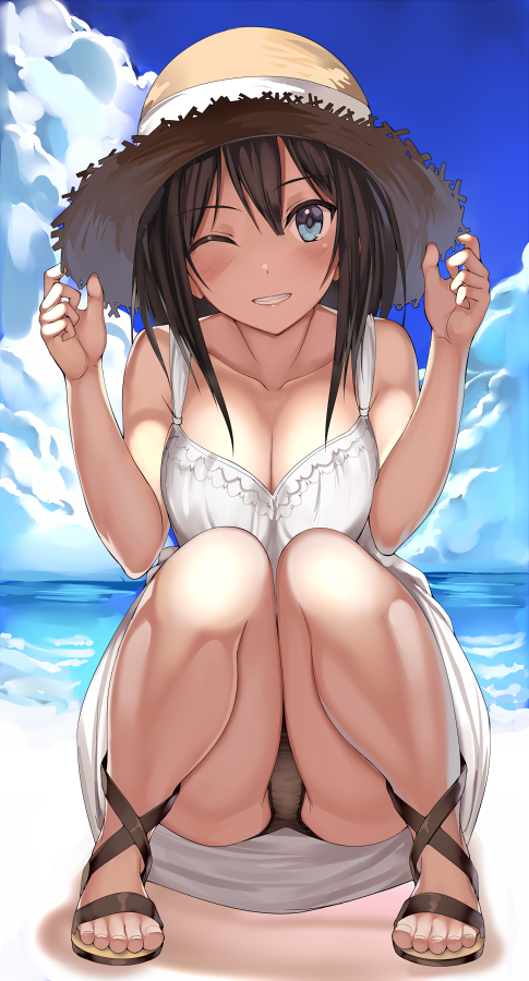 1girl bangs bare_arms bare_legs bare_shoulders beach black_hair black_panties blue_eyes blue_sky blush breasts cleavage clouds collarbone commentary_request day dress eyebrows_visible_through_hair full_body hands_on_headwear hands_up hat knees_together_feet_apart kureha_(ironika) large_breasts legs long_hair ocean one_eye_closed open_mouth original outdoors panties pantyshot pantyshot_(squatting) parted_lips sandals sky sleeveless sleeveless_dress smile solo squatting straw_hat sundress teeth toes underwear upskirt water white_dress