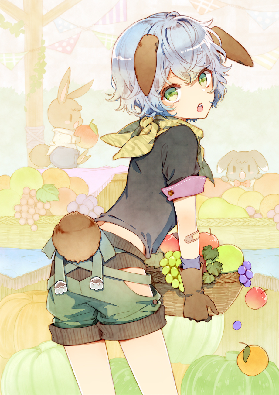 1boy animal animal_ears apple bandaid bandanna basket bunny_tail clothed_animal commentary ears_down food fruit gloves grapes green_eyes highres kuroyuki leaning_forward looking_at_viewer looking_back open_mouth orange original picking_up pumpkin purple_hair rabbit rabbit_ears short_hair shorts solo_focus string_of_flags table tail