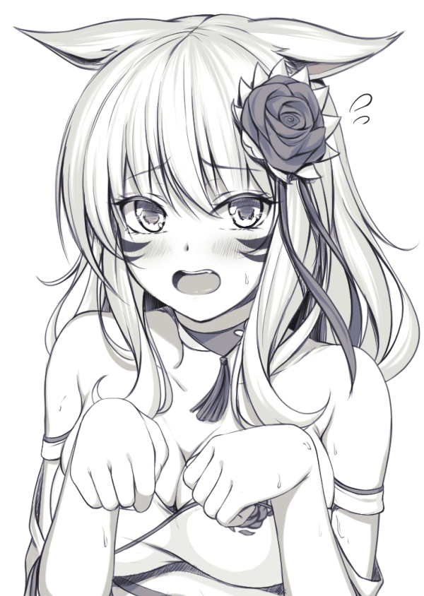 1girl blush breasts cleavage eyebrows_visible_through_hair fang final_fantasy final_fantasy_xiv flower greyscale hair_flower hair_ornament long_hair looking_at_viewer medium_breasts miqo'te monochrome mutsuba_fumi open_mouth paw_pose solo upper_body whisker_markings