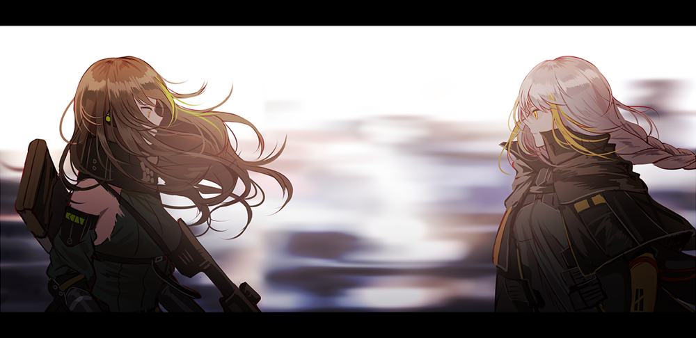 2girls arm_guards assault_rifle bangs blonde_hair blurry blurry_background braid breasts brown_eyes brown_hair cloak corruption detached_sleeves eyepatch floating_hair gas_mask girls_frontline ground_vehicle gun hair_between_eyes headphones holding jacket letterboxed long_hair looking_at_another m16 m16a1_(girls_frontline) m4_carbine m4a1_(girls_frontline) mole mole_under_eye multicolored_hair multiple_girls necktie ribbed_sweater rifle sangvis_ferri shirt sidelocks silence_girl single_braid skull_print spoilers streaked_hair sweater sweater_vest torn_clothes train weapon weapon_case white_hair wind yellow_eyes