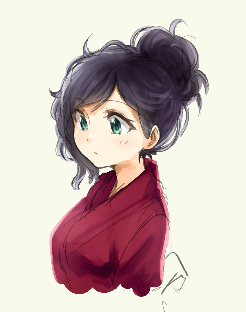 1girl closed_mouth copyright_request eyebrows_visible_through_hair green_eyes grey_background hair_bun highres japanese_clothes kimono looking_down pas_(paxiti) purple_hair red_kimono simple_background solo upper_body