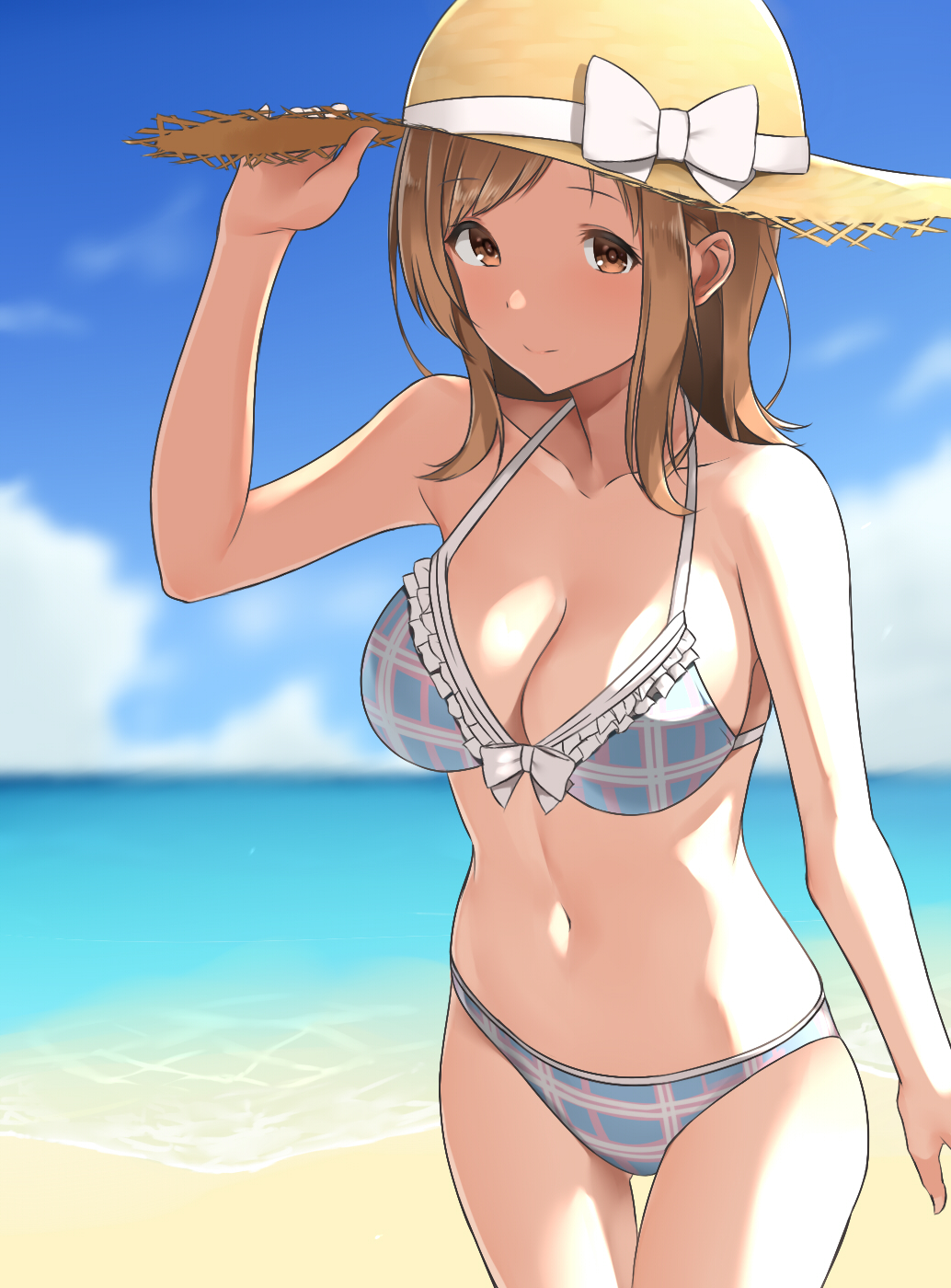 1girl bangs beach bikini blue_bikini blue_sky breasts brown_eyes brown_hair cleavage clouds collarbone cowboy_shot day frilled_bikini frills highres idolmaster idolmaster_shiny_colors leaning_forward light_brown_hair long_hair medium_breasts navel nnoelllll outdoors plaid plaid_bikini sakuragi_mano sky solo swept_bangs swimsuit