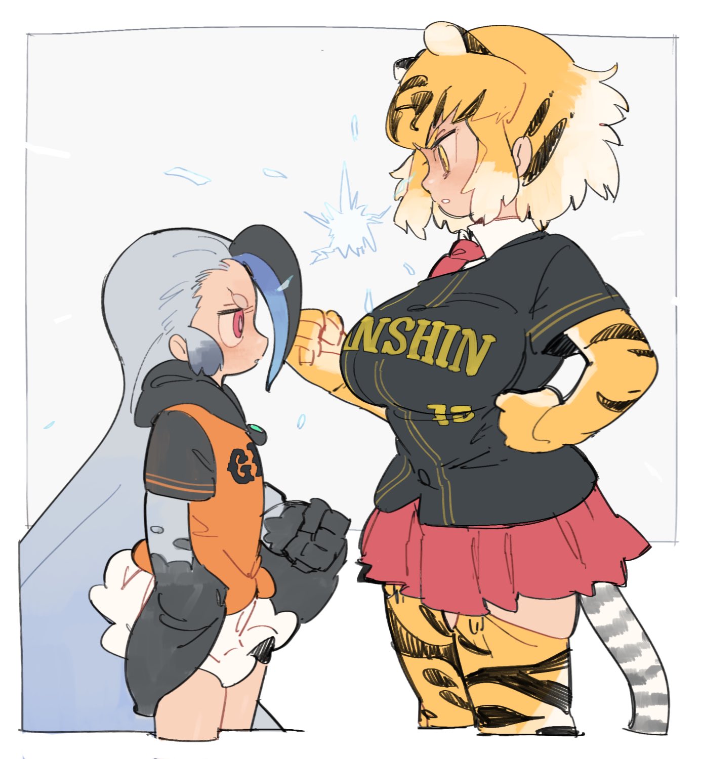 2girls animal_ears baseball_jersey eye_contact giant_penguin_(kemono_friends) glaring grey_hair highres jaguar_(kemono_friends) jaguar_ears jaguar_print jaguar_tail kazue1000 kemono_friends long_hair looking_at_another multicolored_hair multiple_girls nippon_professional_baseball short_hair skirt stare_down tail thick_eyebrows thigh-highs very_long_hair