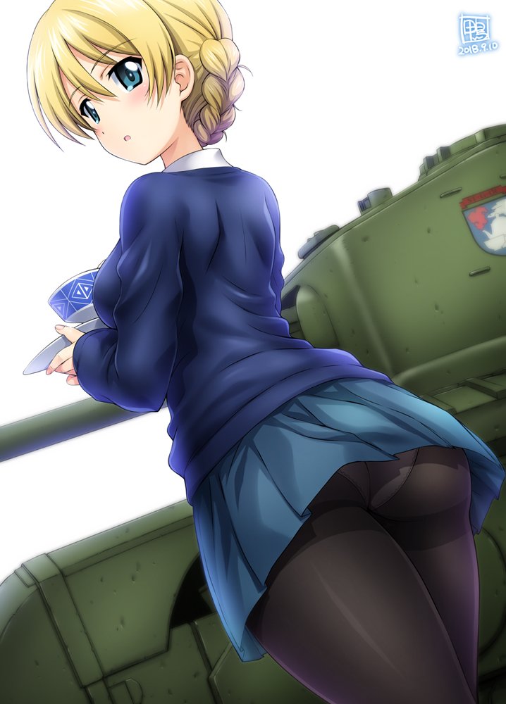 1girl ass black_legwear blonde_hair blue_eyes blue_skirt blue_sweater blush breasts churchill_(tank) commentary_request cup darjeeling from_behind girls_und_panzer ground_vehicle kamogawa_tanuki looking_at_viewer looking_back medium_breasts military military_vehicle motor_vehicle open_mouth pantyhose pleated_skirt saucer school_uniform shiny shiny_hair shiny_skin short_hair simple_background skirt solo st._gloriana's_school_uniform standing sweater tank teacup tied_hair white_background