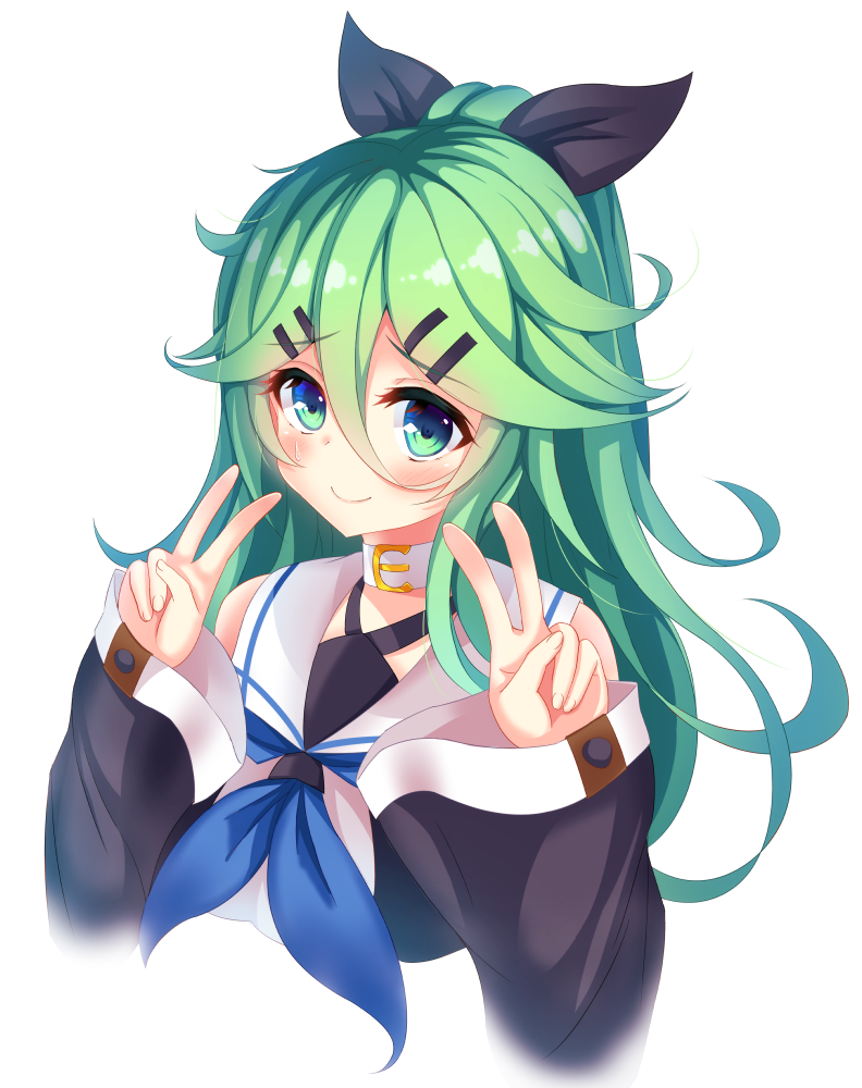 1girl arms_up bangs bare_shoulders black_serafuku blue_neckwear blush choker commentary_request detached_sleeves double_v eyebrows_visible_through_hair green_eyes green_hair hair_between_eyes hair_ornament hair_ribbon hairclip kakeyu kantai_collection long_hair looking_at_viewer neckerchief parted_bangs ribbon school_uniform serafuku shiny shiny_hair simple_background smile tareme upper_body v white_background wide_sleeves yamakaze_(kantai_collection)