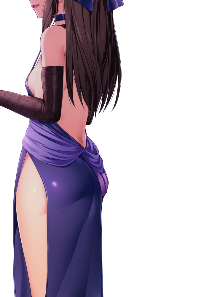 1girl ass back backless_dress backless_outfit bare_shoulders black_gloves bow breasts brown_gloves brown_hair choker dress elbow_gloves gloves hair_bow halterneck idolmaster idolmaster_cinderella_girls lips long_hair open_mouth purple_dress satou_kuuki sideboob simple_background small_breasts smile solo standing tachibana_arisu white_background