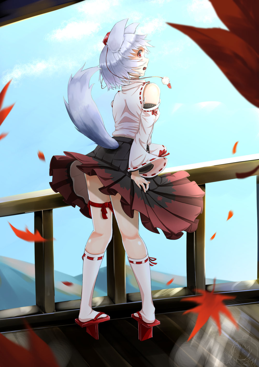 1girl animal_ears autumn_leaves bare_shoulders black_skirt day detached_sleeves geta hara hat highres inubashiri_momiji leaf looking_at_viewer looking_back medium_skirt multicolored multicolored_clothes multicolored_skirt open_mouth outdoors pom_pom_(clothes) red_eyes red_skirt ribbon-trimmed_sleeves ribbon_trim shirt short_hair silver_hair skirt sleeveless sleeveless_shirt solo tail tokin_hat touhou turtleneck white_shirt wolf_ears wolf_tail