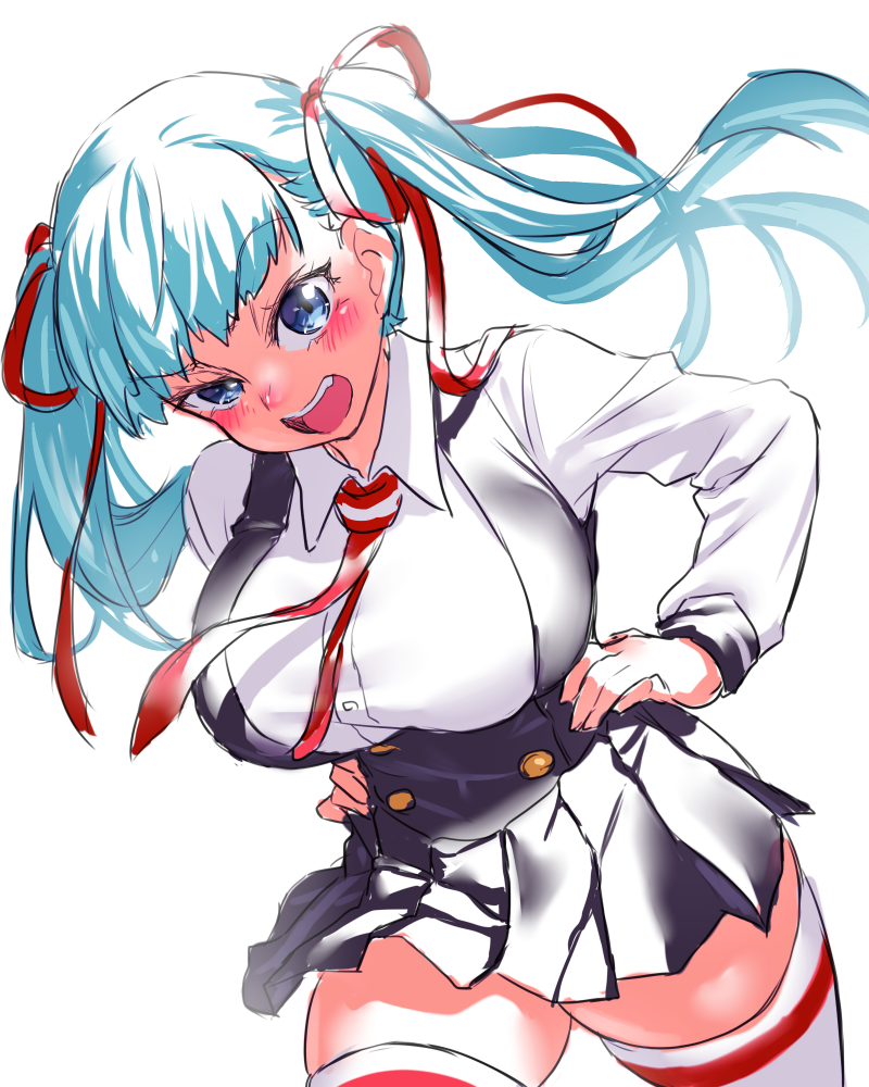 1girl aqua_hair blue_eyes blush breasts buttons character_request copyright_request hair_ribbon hand_on_hip large_breasts long_hair looking_at_viewer necktie onsoku_maru open_mouth ribbon school_uniform sketch skirt solo thigh-highs twintails