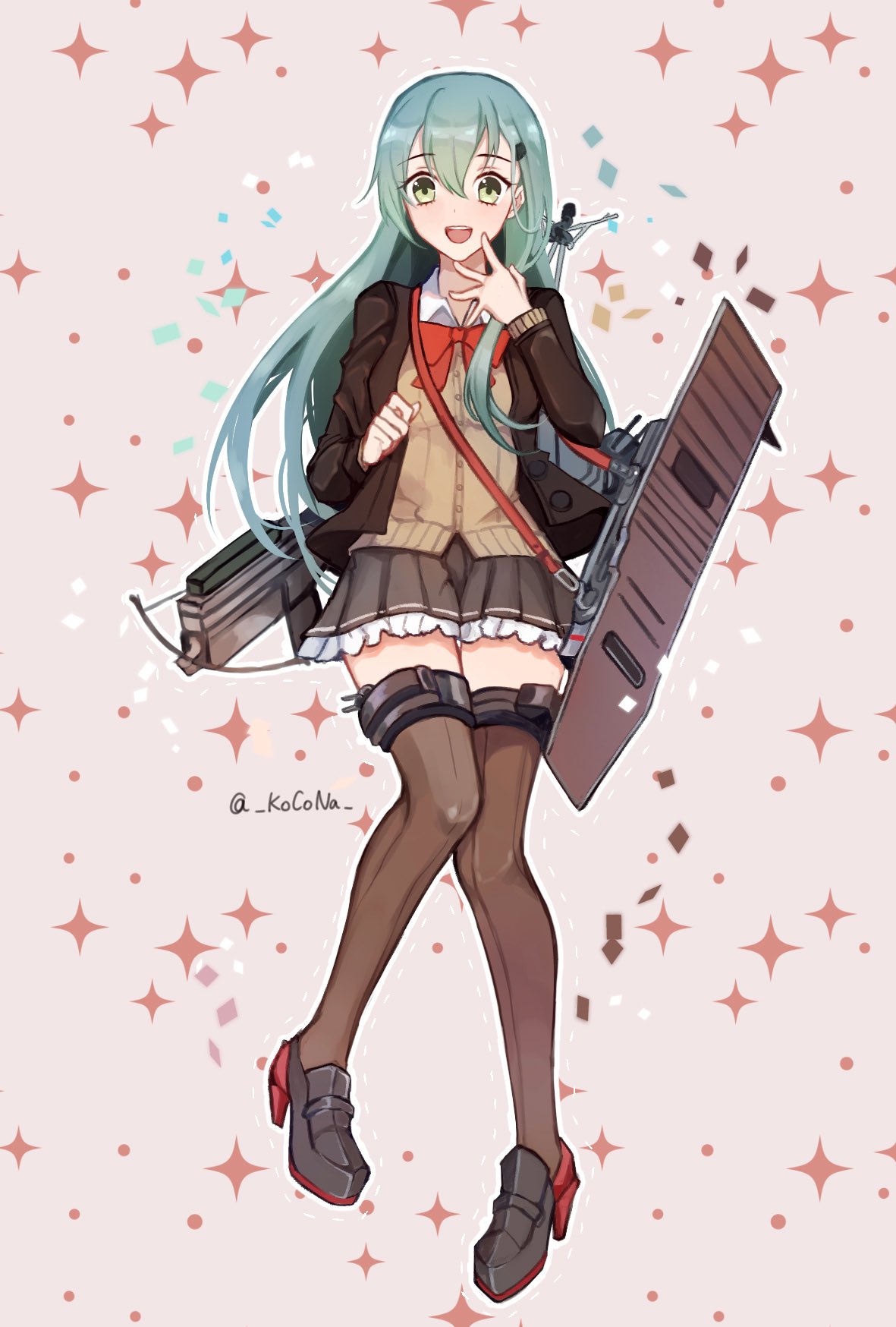 1girl :d aqua_hair bow bow_(weapon) bowtie brown_jacket brown_legwear brown_skirt cardigan crossbow flight_deck full_body green_eyes hair_between_eyes hair_ornament hairclip highres jacket kantai_collection kocona long_hair looking_at_viewer machinery open_mouth pleated_skirt remodel_(kantai_collection) school_uniform skirt smile solo suzuya_(kantai_collection) thigh-highs twitter_username weapon