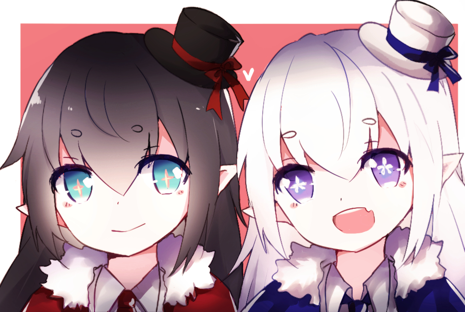 2girls alternate_color black_hair demon_girl elsword eyebrows_visible_through_hair fang hat heart luciela_r._sourcream luruko61 multiple_girls smile star star-shaped_pupils symbol-shaped_pupils white_hair