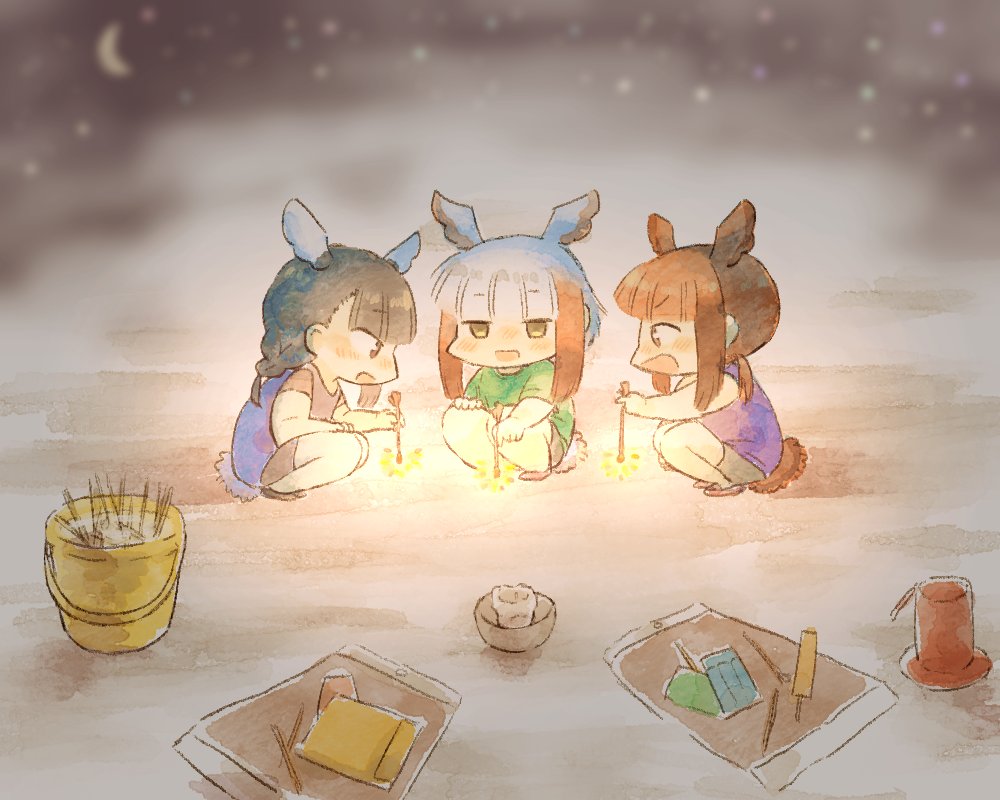 3girls alternate_costume bangs bird_tail bird_wings black-headed_ibis_(kemono_friends) black_hair blush braid casual commentary_request eyebrows_visible_through_hair fireworks head_wings japanese_crested_ibis_(kemono_friends) kemono_friends moeki_(moeki0329) multicolored_hair multiple_girls nose_blush redhead scarlet_ibis_(kemono_friends) shirt short_hair short_sleeves shorts sidelocks sparkler squatting t-shirt tank_top twin_braids twintails white_hair wings younger