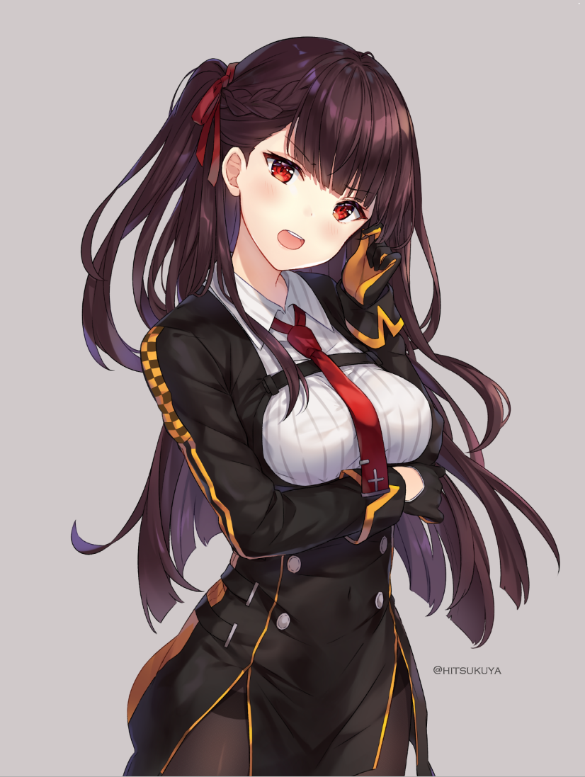 1girl bangs black_gloves black_jacket blush breasts brown_hair brown_legwear collared_shirt commentary eyebrows_visible_through_hair framed_breasts girls_frontline gloves grey_background hair_ribbon hand_up head_tilt hitsukuya jacket long_hair long_sleeves looking_at_viewer medium_breasts necktie one_side_up open_mouth pantyhose red_eyes red_neckwear red_ribbon ribbon round_teeth shirt simple_background solo teeth thighband_pantyhose twitter_username upper_teeth very_long_hair wa2000_(girls_frontline) white_shirt