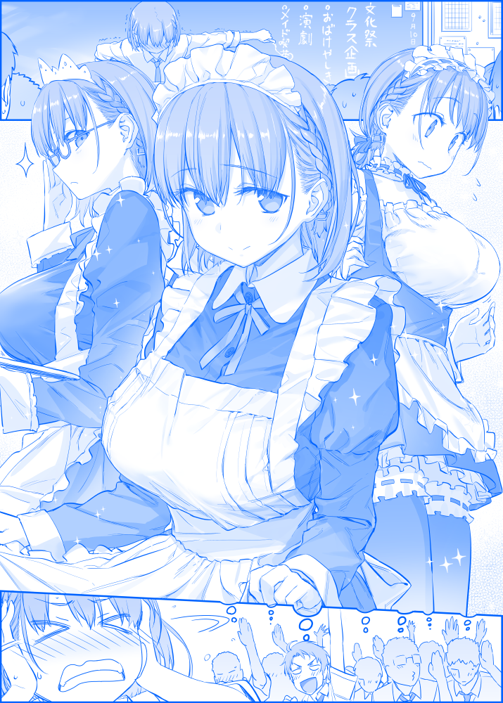 &gt;_&lt; 2girls 6+boys adjusting_eyewear ai-chan_(tawawa) apron arm_up bespectacled blush braid breasts chalkboard clenched_teeth commentary_request eyebrows_visible_through_hair flying_sweatdrops getsuyoubi_no_tawawa glasses himura_kiseki large_breasts maid maid_headdress multiple_boys multiple_girls multiple_views profile ribbon-trimmed_legwear ribbon_trim semi-rimless_eyewear shaking_head side_braid smile sparkle teeth thigh-highs thought_bubble twin_braids under-rim_eyewear volley-bu-chan_(tawawa)