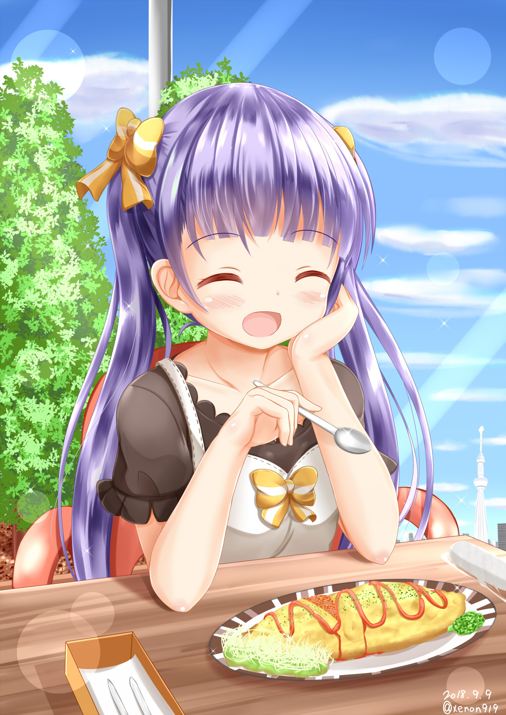 1girl :d ^_^ arm_support black_shirt blue_sky blush bow chair closed_eyes closed_eyes clouds collarbone commentary_request dated day dress facing_viewer food hair_bow highres holding holding_spoon indoors long_hair new_game! omurice open_mouth plate purple_hair shirt short_sleeves sitting sky sleeveless sleeveless_dress smile solo spoon striped striped_bow suzukaze_aoba table twintails twitter_username very_long_hair white_dress yellow_bow zenon_(for_achieve)