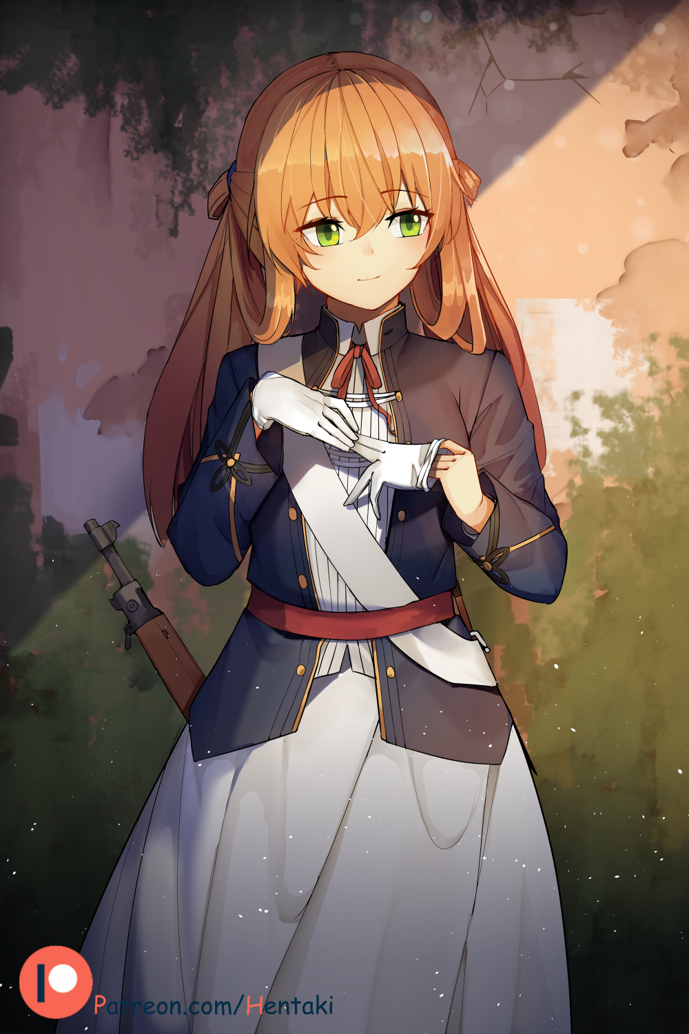 1girl bangs black_jacket blush brown_hair closed_mouth collared_shirt commentary day english_commentary eyebrows_visible_through_hair girls_frontline gloves green_eyes hair_between_eyes hentaki highres jacket light_smile long_hair looking_away looking_to_the_side m1903_springfield m1903_springfield_(girls_frontline) neck_ribbon object_namesake outdoors red_ribbon removing_glove ribbon shirt skirt solo standing two_side_up watermark web_address white_gloves white_shirt white_skirt