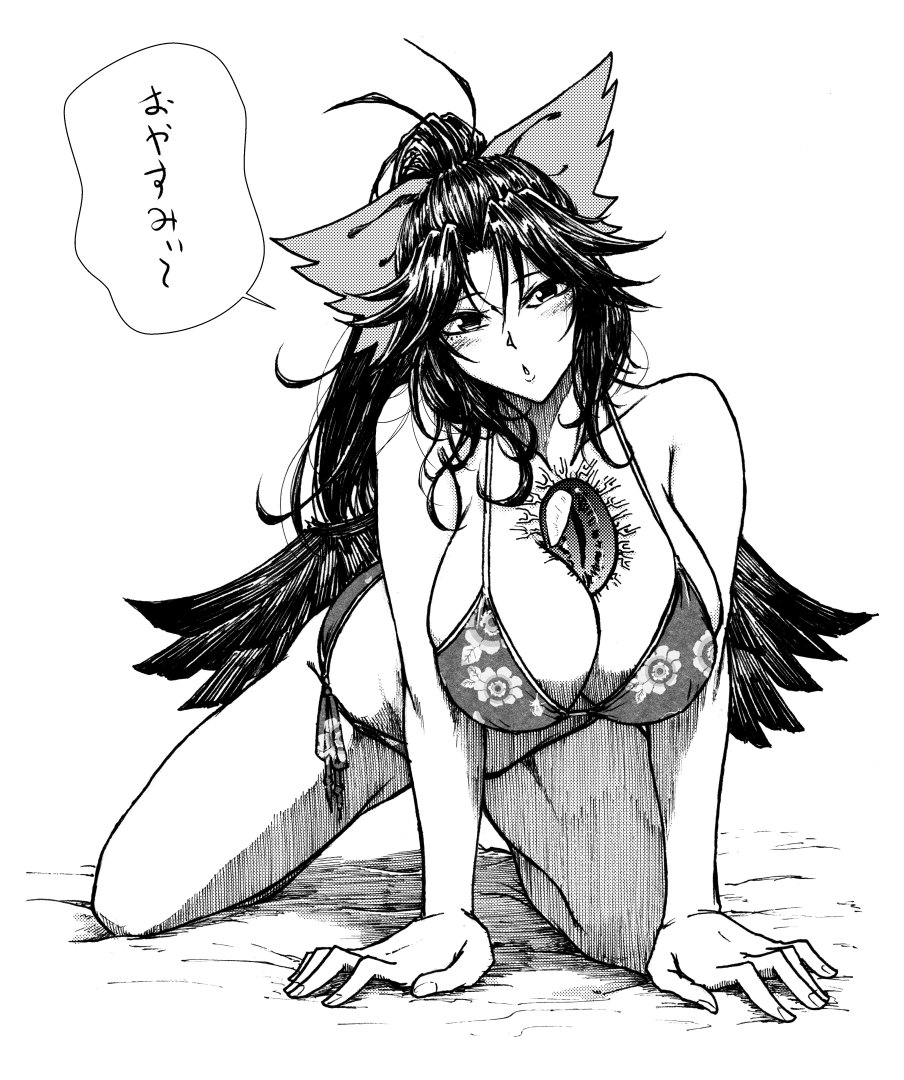 1girl all_fours bikini bird_wings bow breasts cleavage floral_print hair_bow koyubi_(littlefinger1988) large_breasts monochrome reiuji_utsuho solo swimsuit third_eye touhou translation_request white_bikini wings