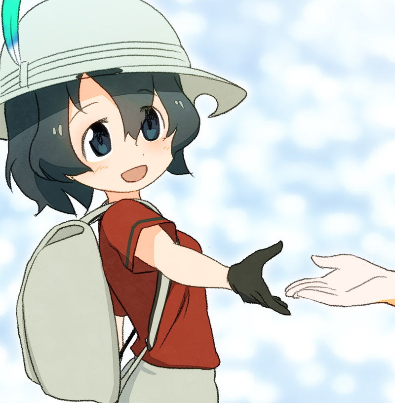2girls :d backpack bag black_gloves black_hair blue_eyes commentary_request eyebrows_visible_through_hair eyes_visible_through_hair gloves hat hat_feather kaban_(kemono_friends) kemono_friends multiple_girls open_mouth outstretched_arm red_shirt sat-c serval_(kemono_friends) shirt short_hair short_sleeves smile solo_focus white_hat