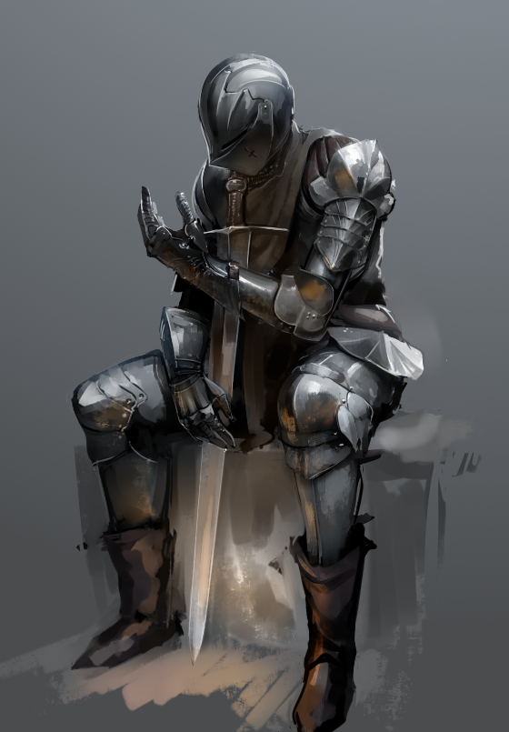 1other androgynous armor breastplate chainmail commentary english_commentary full_armor gauntlets greaves grey_background helmet knight medieval nisetanaka original planted_sword planted_weapon sitting solo sword weapon