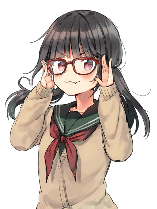 1girl :3 adjusting_eyewear arms_up bangs black_hair blunt_bangs blush brown_cardigan cardigan commentary_request doyagao eyebrows_visible_through_hair fang fang_out fingernails glasses green_sailor_collar green_shirt long_hair long_sleeves looking_at_viewer low_twintails midorikawa_you neckerchief original red-framed_eyewear red_eyes red_neckwear sailor_collar school_uniform serafuku shirt simple_background sleeves_past_wrists smug solo twintails upper_body v-shaped_eyebrows white_background