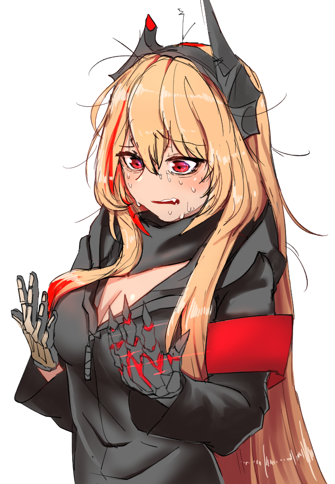 1girl blonde_hair breasts cleavage girls_frontline long_hair looking_down m4_sopmod_ii_(girls_frontline) open_mouth red_eyes sd_bigpie simple_background solo sopmod sweat tagme white_background