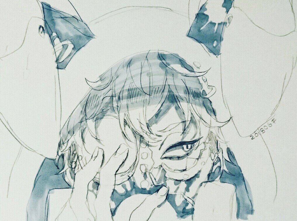 1boy animal_hood bangs belga_(senjuushi) broken_glass broken_mask bunny_hood eyelashes eyeliner gas_mask glass hand_up hood hood_up kinako_(marubotan) makeup male_focus monochrome senjuushi:_the_thousand_noble_musketeers short_hair solo traditional_media watercolor_(medium)