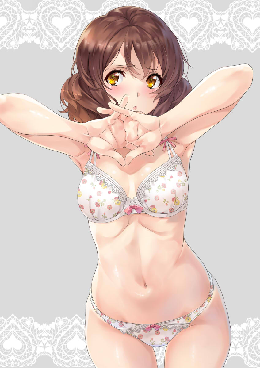 1girl armpits arms_up blush bra breasts brown_hair cowboy_shot eyebrows_visible_through_hair floral_print grey_background hibike!_euphonium highres interlocked_fingers nagayori navel oumae_kumiko own_hands_together panties parted_lips print_bra print_panties shiny shiny_skin short_hair small_breasts solo underwear underwear_only white_bra white_panties yellow_eyes