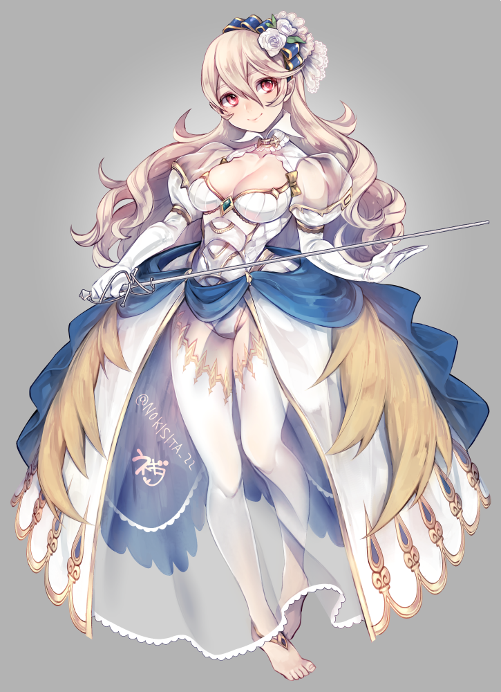 1girl bare_shoulders bouquet breasts bridal_veil bride commentary_request dress elbow_gloves female_my_unit_(fire_emblem_if) fire_emblem fire_emblem_heroes fire_emblem_if flower gloves hair_between_eyes hair_flower hair_ornament hairband jewelry long_hair mamkute my_unit_(fire_emblem_if) necklace negiwo nintendo panties pointy_ears red_eyes silver_hair smile strapless strapless_dress sword underwear veil weapon wedding_dress white_dress white_gloves
