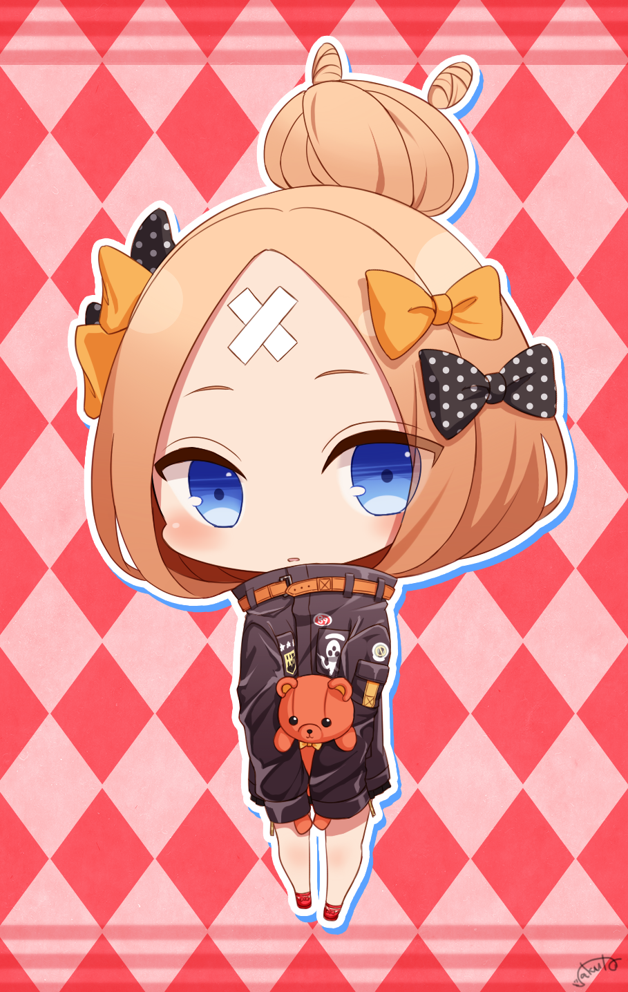 1girl abigail_williams_(fate/grand_order) argyle argyle_background bangs big_head black_bow black_jacket blonde_hair blue_eyes blush bow chibi commentary_request crossed_bandaids fate/grand_order fate_(series) full_body hair_bow hair_bun heroic_spirit_traveling_outfit highres jacket long_hair long_sleeves looking_at_viewer object_hug orange_bow parted_bangs parted_lips polka_dot polka_dot_bow red_footwear saki_usagi shoes signature sleeves_past_fingers sleeves_past_wrists solo standing stuffed_animal stuffed_toy teddy_bear