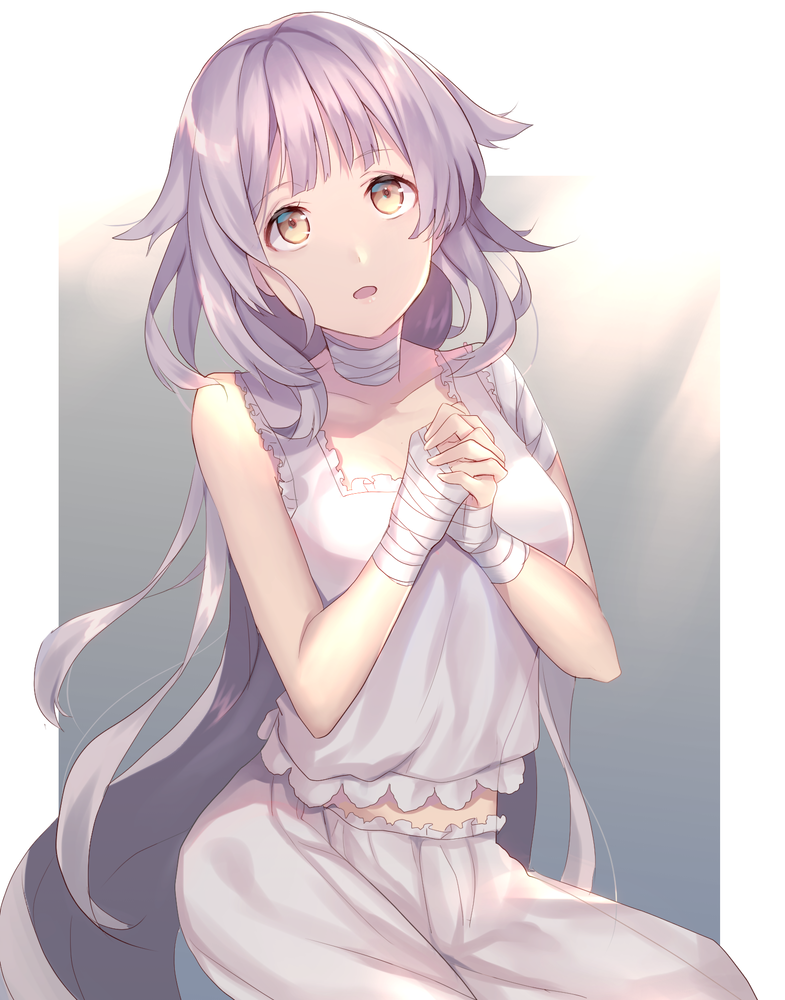 1girl bandage character_request collarbone dies_irae floating_hair hands_clasped long_hair looking_up open_mouth own_hands_together pants shirt silver_hair sitting sleeveless sleeveless_shirt solo takana_(kurubushisan) very_long_hair white_pants white_shirt yellow_eyes